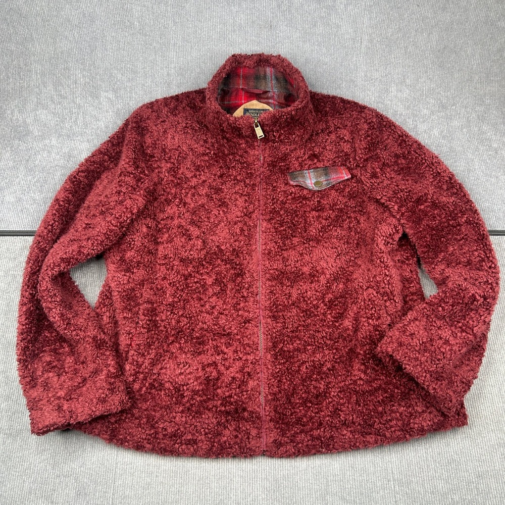Pendleton Sherpa Fleece Jacket Burgundy Red Plaid Trim Full Zip XL Womens Y2k